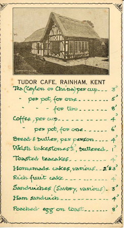 Tudor Cafe Menu Rainham Kent 1938